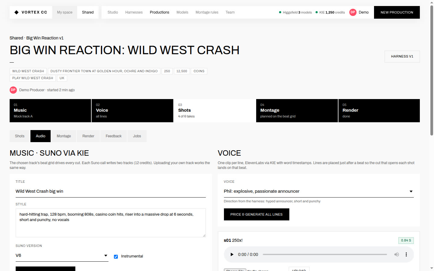 Production audio tab with Suno music form and voice lines