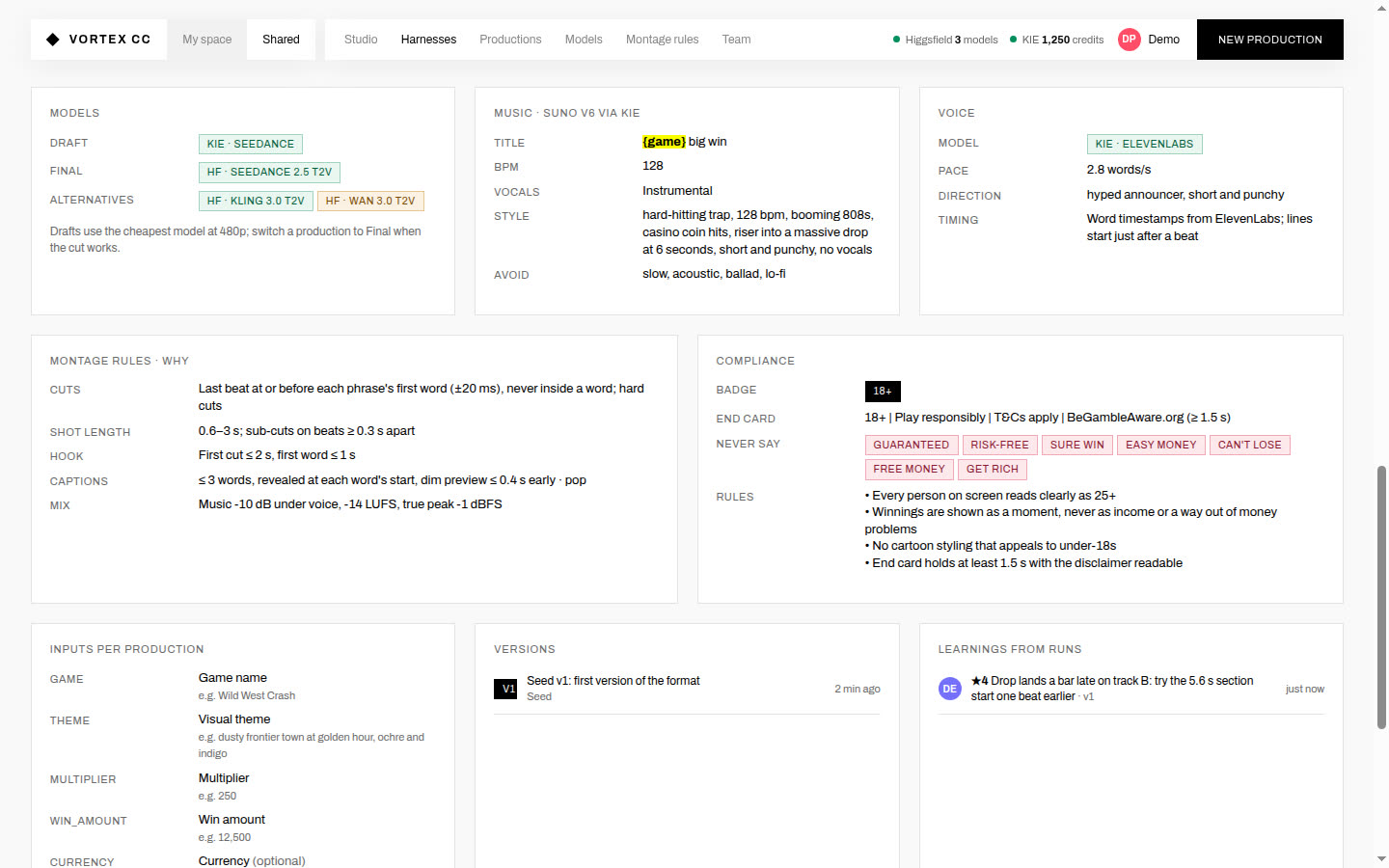 Harness models, music, voice, montage rules, compliance, versions and learnings panels