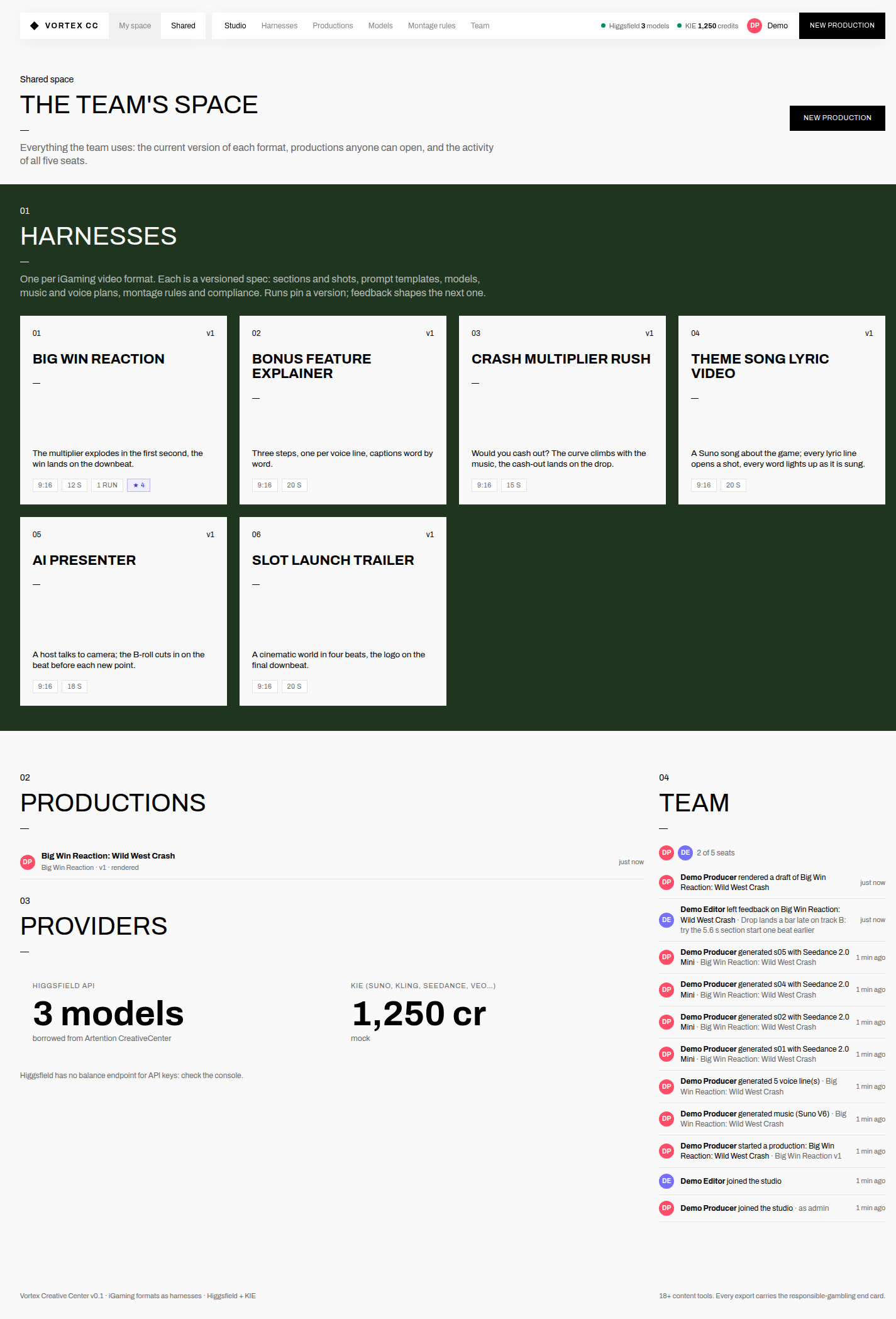 Studio home in the shared space: harness cards on dark green, productions, providers, team activity