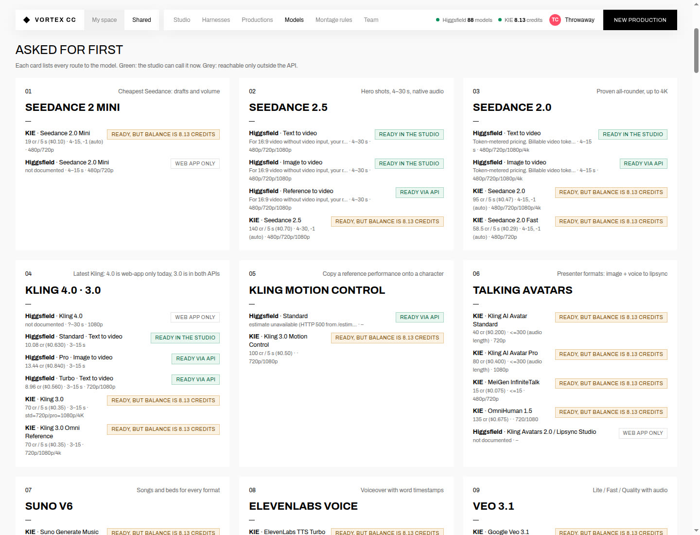 Models page spotlight cards with live access labels