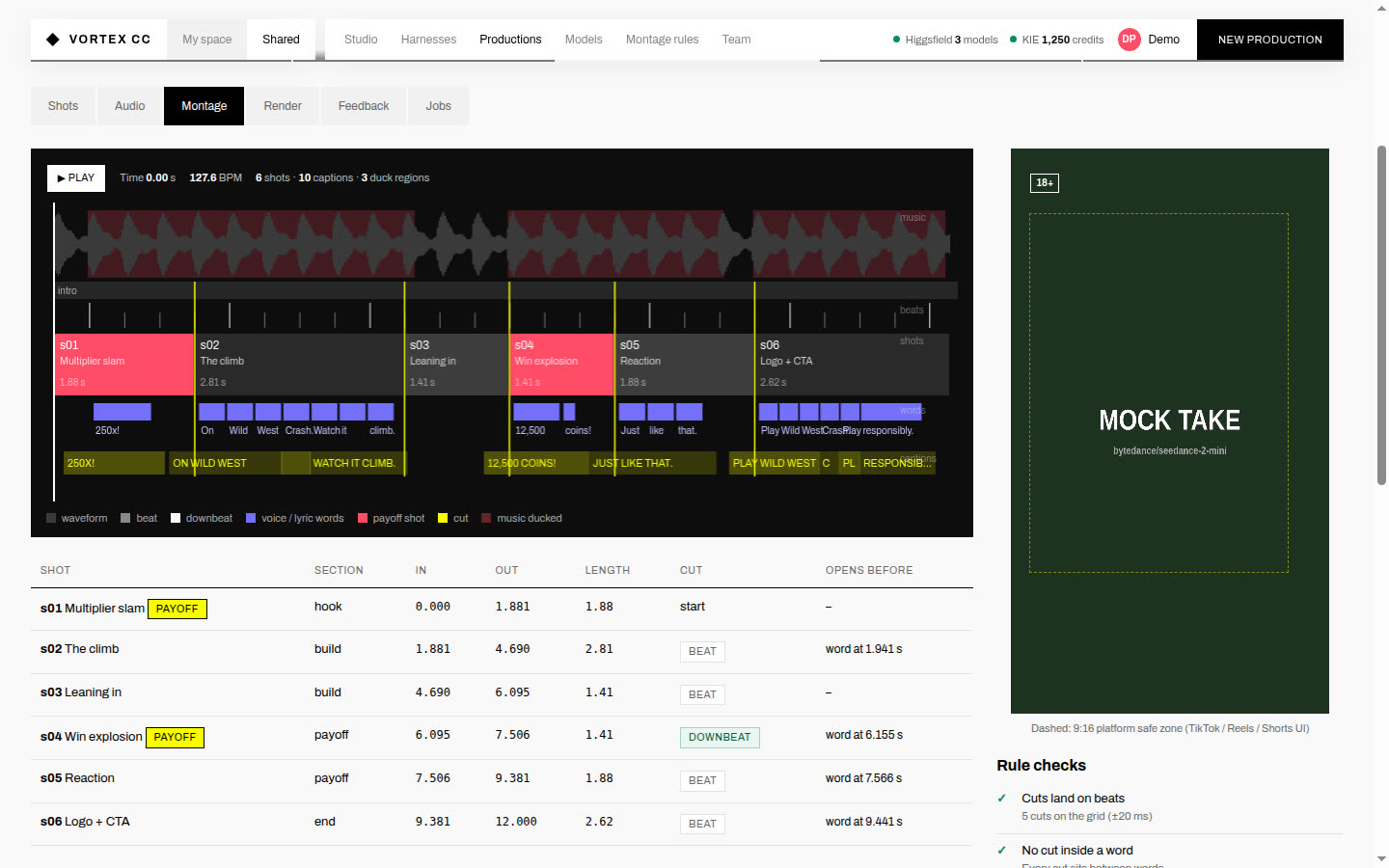 Montage timeline with waveform, beats, shots, words, captions and phone animatic