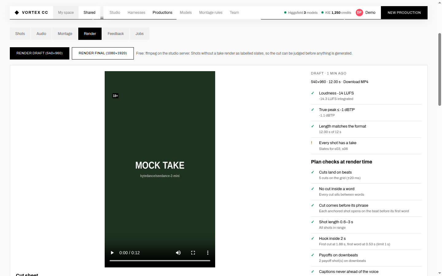 Render tab with draft video and QA checks