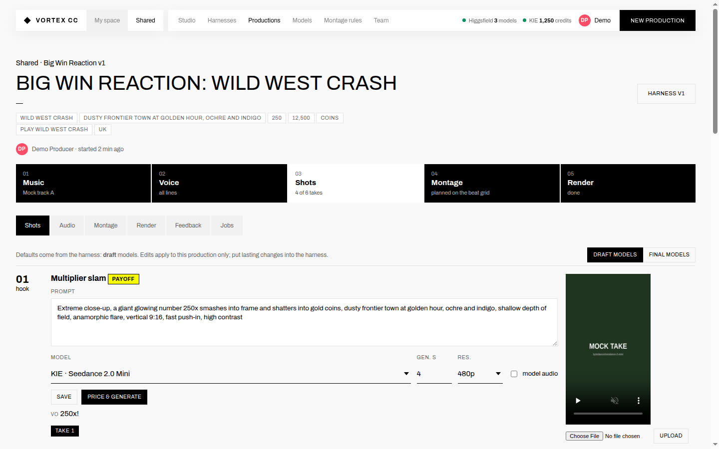 Production shots tab with prompt, model picker and take preview