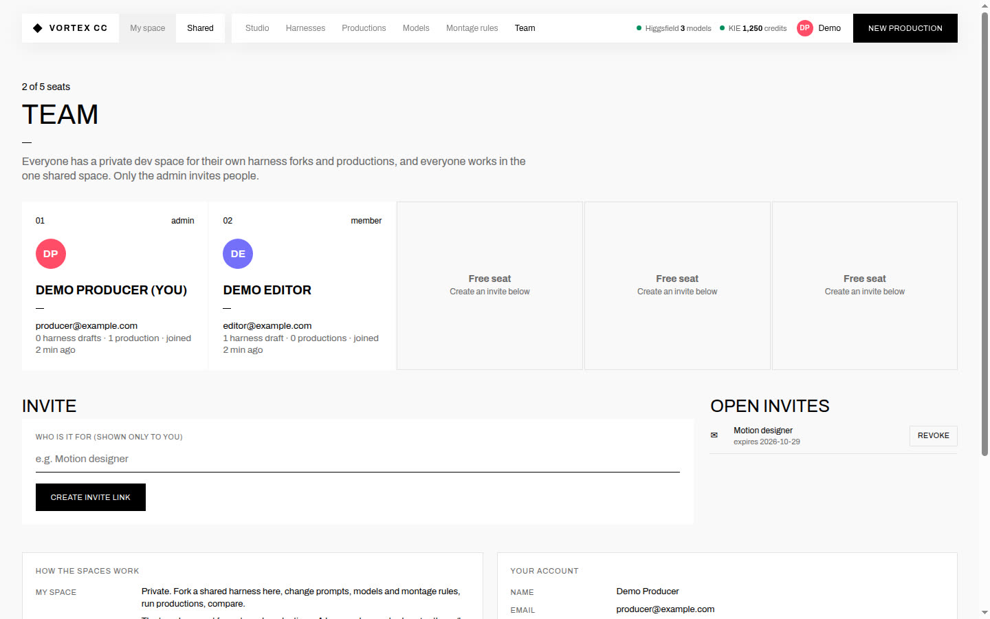 Team page with five seats, invites and account